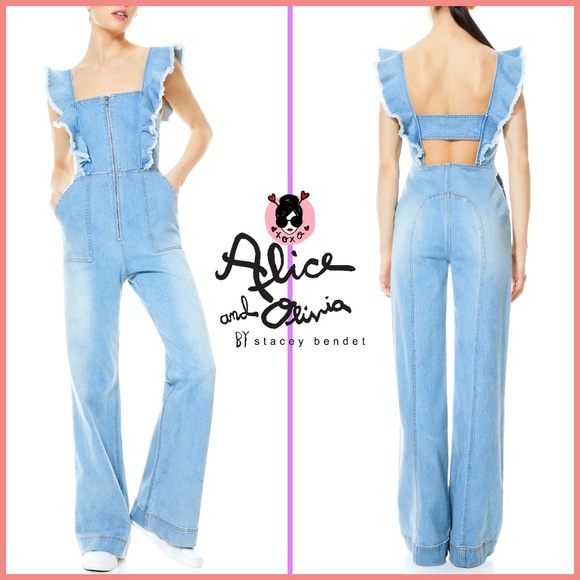 Alice + Olivia Pants - Alice + Olivia Gorgeous Wide Leg Open Back Denim Jeans Jumpsuit